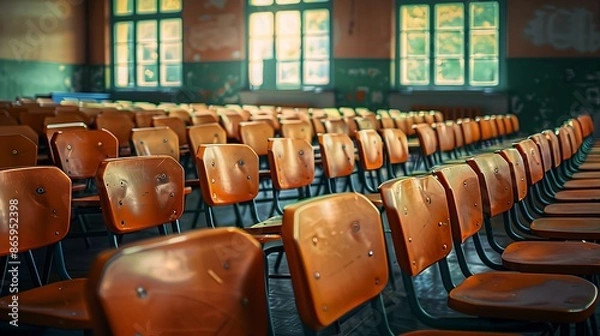 Fototapeta empty classroom with rows of desks and chairs, sunlight filtering through windows, quiet learning space