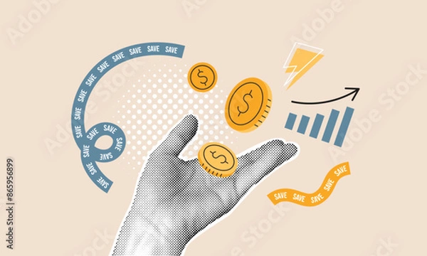 Fototapeta Halftone hand catches illustrated coins. Saving money, financial success collage concept. Words save on bunting tape, grow up graphic. Business image montage design. Vector art.