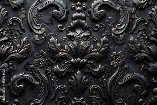 Fototapeta Ornate Black and Gold Baroque Patterned Wall with Intricate Floral and Leaf Designs
