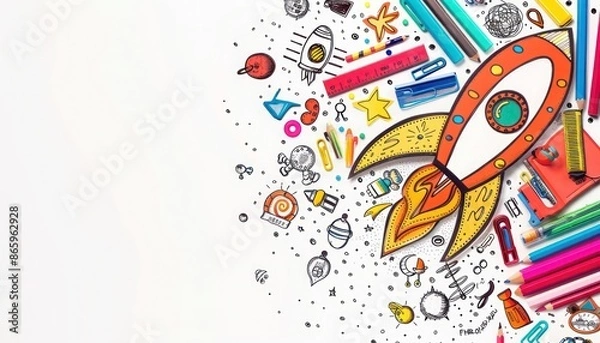 Fototapeta Creative school supplies arranged as a rocket, hand-drawn style, back to school theme, white background, copy space on the right.