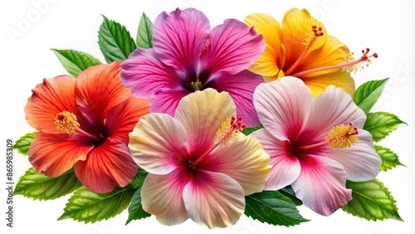 Obraz Vibrant colored hibiscus flowers with delicate petals and prominent centers isolated on a pure white or transparent background for design.