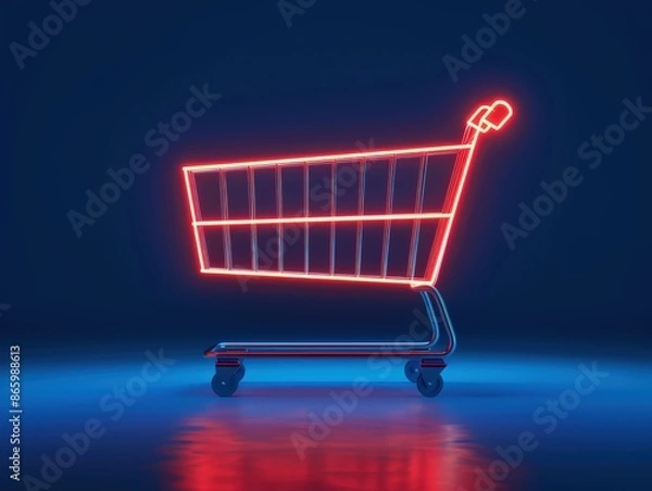 Fototapeta Red neon shopping cart on a dark background, glowing and reflecting on the shiny surface. Futuristic retail concept.