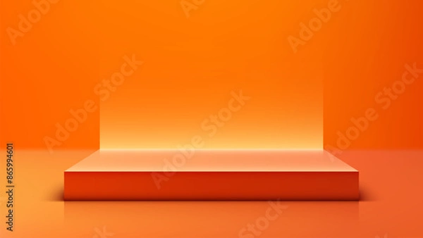 Fototapeta Modern 3D Red Podium on Bright Orange Background with Glowing Light, Minimalist Style Product Display