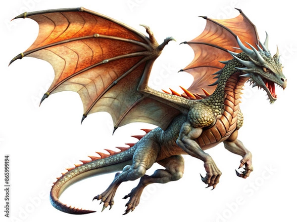 Obraz a dragon in flight, with detailed scales and wings, set against a dramatic sky. Generative AI.
