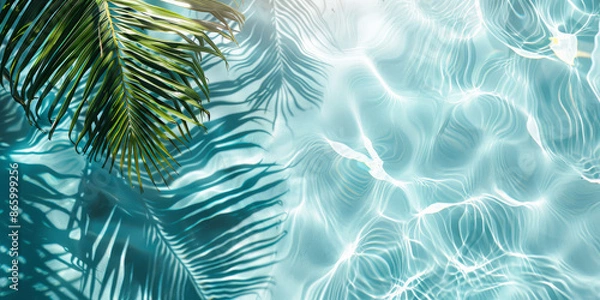 Fototapeta Water and sand surface with tropical palm leaves shadow. Green palm leaf shadow on white sand beach of an ocean shore. Tropical background for summer vacation at the beach. Calm sea, perfect vacation