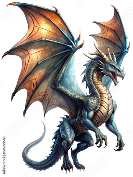 Obraz a dragon in flight, with detailed scales and wings, set against a dramatic sky. Generative AI.

