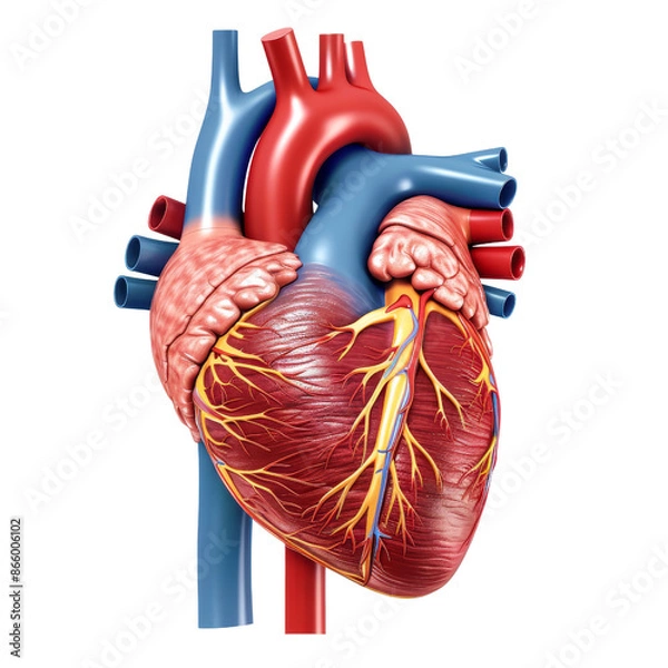 Fototapeta Detailed anatomical illustration of the human heart showing veins and arteries, isolated on a white background, transparent background.