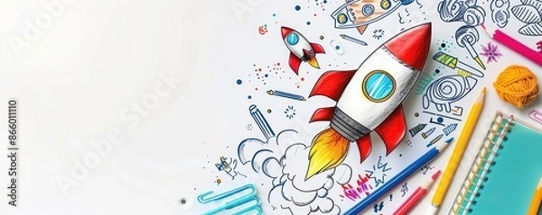 Fototapeta Hand-drawn rocket with school supplies on white background, creative back to school theme, copy space on the left.