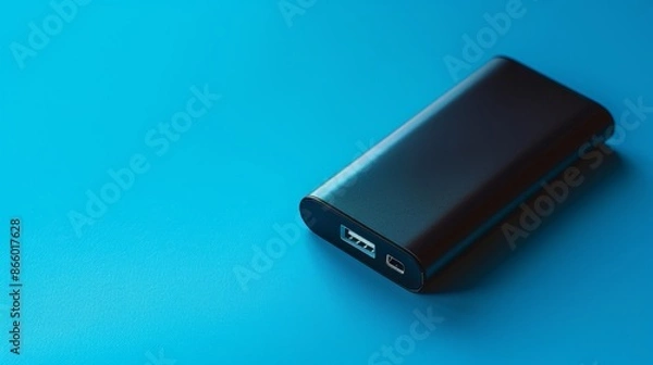 Obraz A single power bank with a digital display, against a blue background.