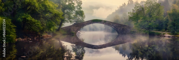 Fototapeta Serene River Landscape with Stone Bridge and Morning Fog Perfect for Enhancing Natural Elements in Adobe Photoshop Actions