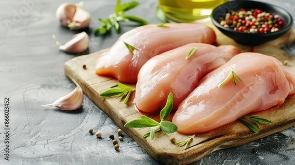 Fototapeta Raw chicken breast fillets placed on chopping board, detailed textures, clean kitchen setup, fresh and ready to cook