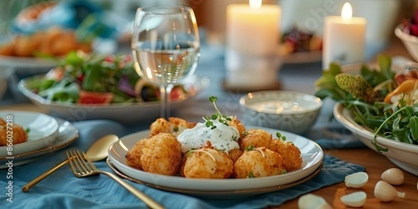 Fototapeta Delicious crispy golden brown appetizers served on a decorated table setting with salad and wine for a festive meal. Concept of food, dinner party, and celebration