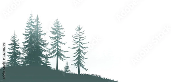 Fototapeta A silhouette of pine trees against png on transparent background, a forest landscape in a dark green and black color palette