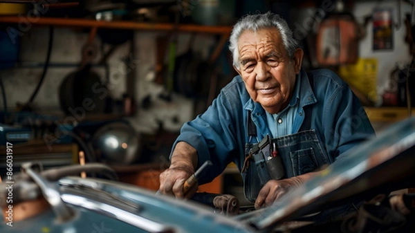 Obraz Elderly Mechanic Restoring Classic Car Garage Workshop