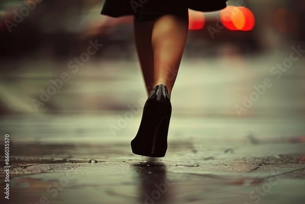 Fototapeta Walking In Heels. Elegant Black High Heels - Closeup on Woman's Feet
