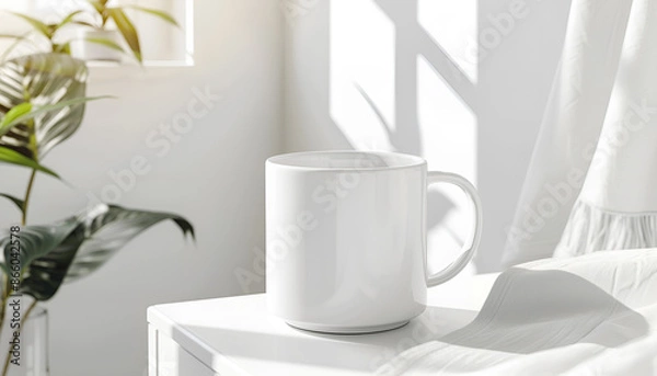 Fototapeta Ceramic mug on white bedside table indoors. Mockup for design