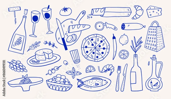 Obraz Hand drawn different mediterranean food set