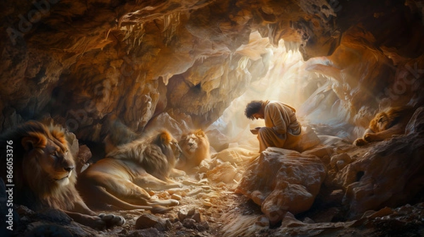 Fototapeta Daniel in the Lions' Den. This powerful illustration depicts the biblical scene of Daniel in the lions' den. 