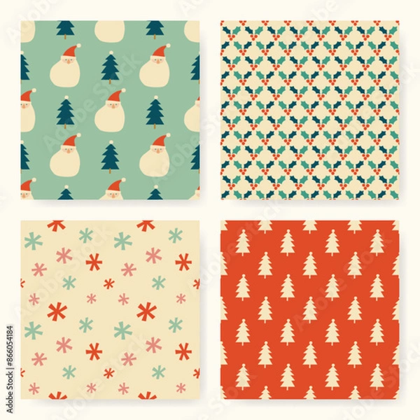 Fototapeta Seamless Christmas pattern set featuring Santa, Christmas trees, snowflakes, and holly berries in a retro color palette.  Ideal for wrapping paper, greeting cards, backgrounds, decorations, and more.