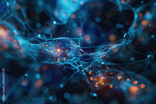 Fototapeta A blue and orange image of a web of lines and dots, generative ai image.