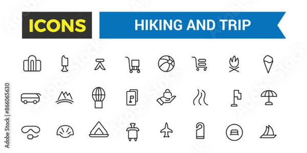 Fototapeta Hiking and Trip icons collection. Outline icons pack. Editable vector line icon set and illustration for web and UI application.