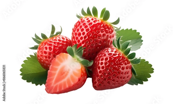 Fototapeta group of fresh strawberry and half strawberry isolated, red strawberry cut out