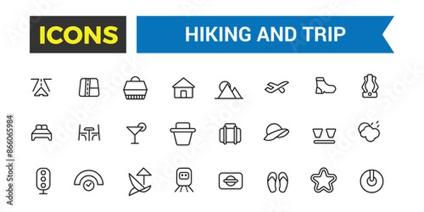 Fototapeta Hiking and Trip icons collection. Outline icons pack. Editable vector line icon set and illustration for web and UI application.