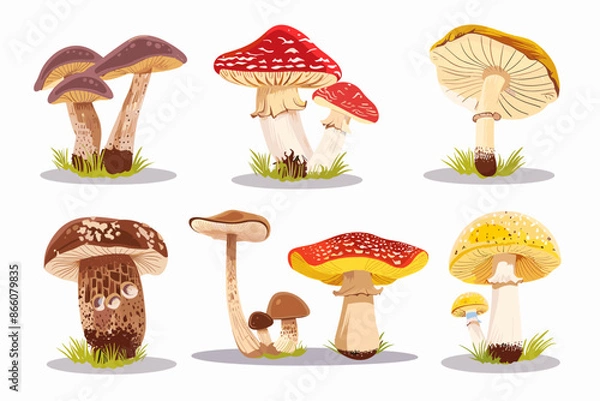 Fototapeta Set with edible and poisonous mushrooms, chanterelles, champignons, porcini mushroom, fly agarics and toadstools, cartoon style. Vector illustration isolated on white, hand drawn, flat design