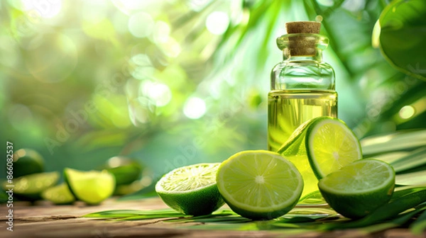 Fototapeta Lime Slice Extract Bottle on Exotic Fruit Background, Tropical Refreshment