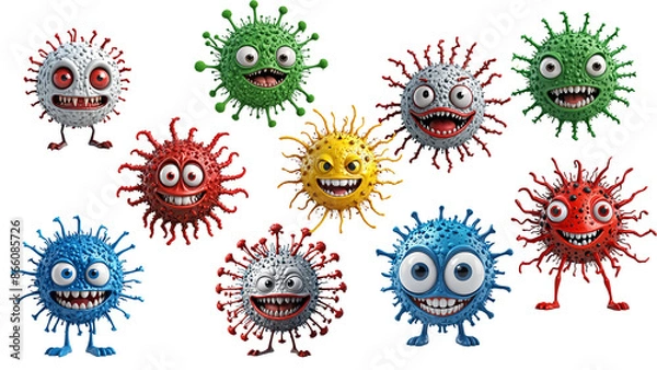Fototapeta Collection of 3d bacteria isolated, set of funny microbes and viruses, cute microorganisms and germs on white background, generated ai