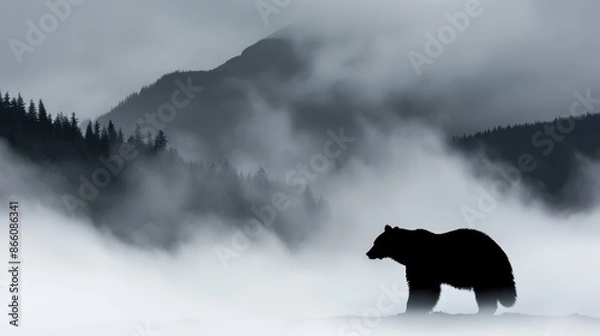 Fototapeta Silhouette of a bear amidst a magical misty landscape, fog enveloping hills, mountains in the background, lush trees and forest, symbolizing abundance and longevity
