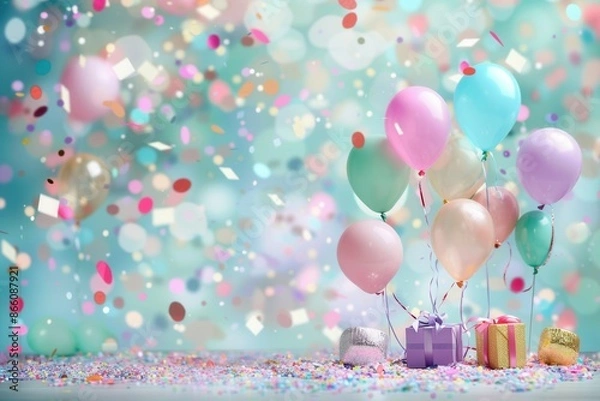 Fototapeta A joyous scene of colorful balloons, confetti, and presents set against a blue backdrop, ideal for childrens birthday parties. Generative AI