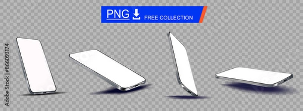 Obraz Presentation new smartphone model. Modern thin smartphone with blank screen on transparent background. Free collection smartphones from different angles. Phone vector template for advertising