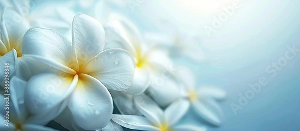 Fototapeta Frangipani flower with white petals in the copy space image.