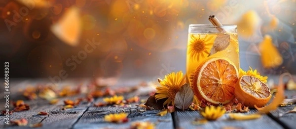 Fototapeta Lemonade with orange slices and dried chrysanthemum flowers on a wooden table, with a copy space image.