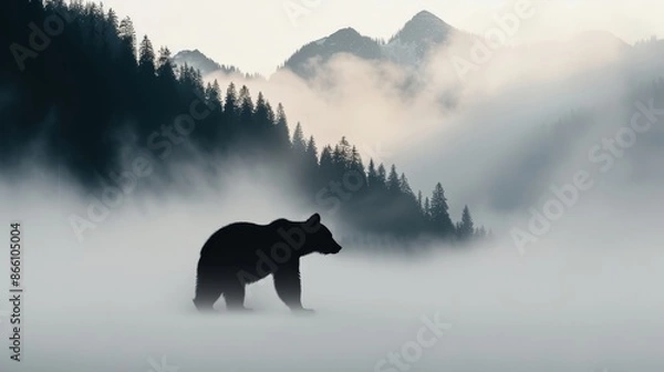 Fototapeta Bear silhouette in a magical misty scene, fog rolling over hills, mountains, and lush forest, serene and abundant atmosphere, symbolizing longevity