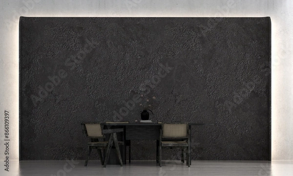 Fototapeta Modern dining room and empty black concrete wall texture background interior design.3D rendering
