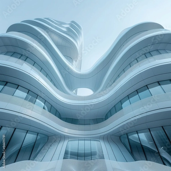 Obraz Photo of the fluid and wavy parametric architecture, with a wide view looking up at an office building with many curved balconies. Hazy atmosphere with minimal contrast