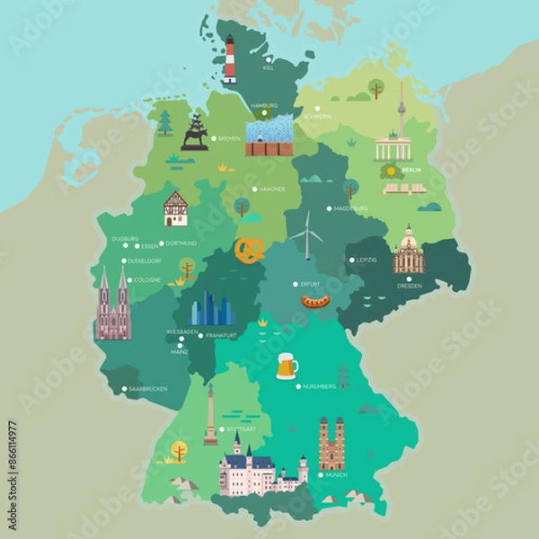 Obraz Stylized map of Germany. Travel illustration with German landmarks.