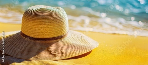 Fototapeta A lady's straw hat is on a sunny beach with yellow sand, providing a serene copy space image.