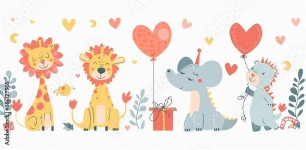 Fototapeta Adorable Jungle Animals Celebrating Love with Heart Balloons - Cute Valentine's Day Theme Generative ai