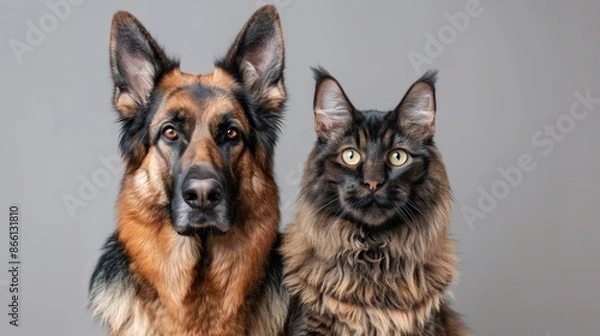 Fototapeta A German Shepherd and a Maine Coon cat standing next to each other, both looking directly at the camera with alert and friendly expressions, in a spacious studio with a clean background and copy space