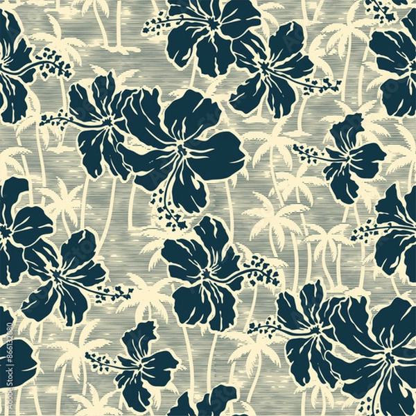 Fototapeta Hibiscus flowers with palm tree backgroud  grunge vector floral seamless pattern for fabric shirt towel tablecloth pillow wrapping 