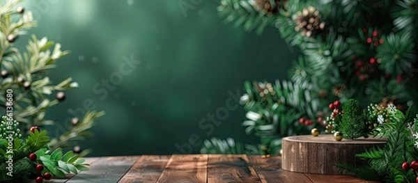 Fototapeta Minimalist green background enhances the festive Christmas scene podium for showcasing products with copy space image.