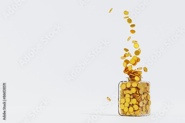 Fototapeta Gold coin falling in glass jar, until full, savings growth money concept, bank deposit, 3D rendering.