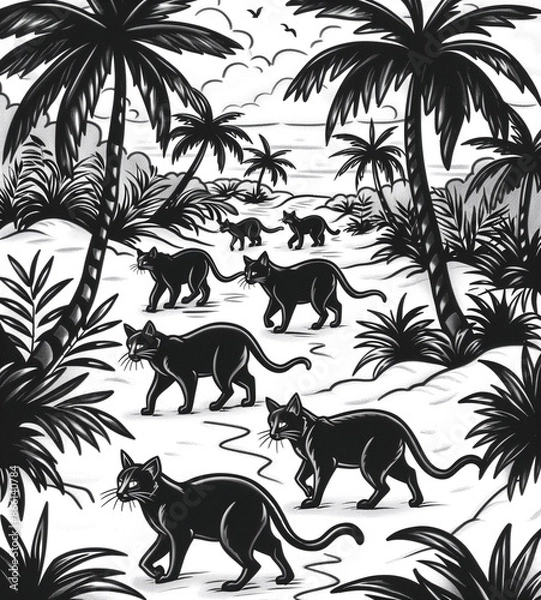 Fototapeta A group of black cats walking through a jungle. The cats are walking in a line, and there are several of them. The image has a moody and mysterious feel to it
