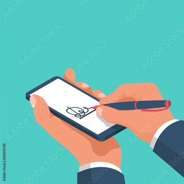 Fototapeta Digital signature on smartphone.Vector illustration isometric 3D design.Businessman hands holding a phone for signature.Modern technology business.