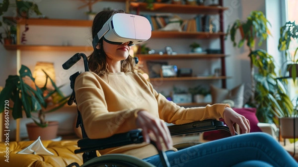 Fototapeta Woman in wheelchair using VR glasses at home, immersed in a virtual reality experience, showcasing accessibility in technology