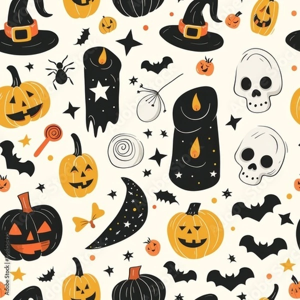Fototapeta Seamless pattern with cute Halloween illustrations. pumpkins, skull, witch hat, bats and candles on a white background.  Ideal for wrapping paper, fabric, textiles, scrapbooking.
