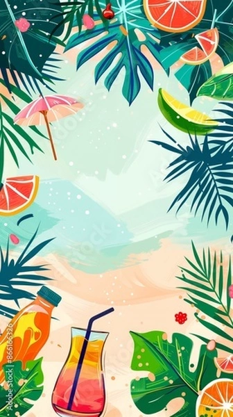 Fototapeta Vertical Vibrant Summer Beach Party Background with Tropical Drinks and Fruits